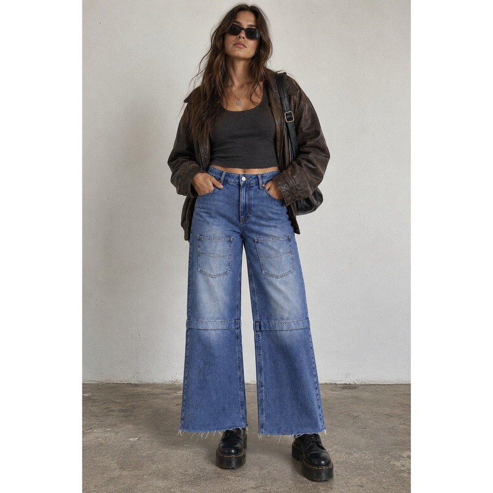 Forever21 Y2K Grunge Utility Wide Led Denim Thigh Patch Pockets Cargo 90s Skater